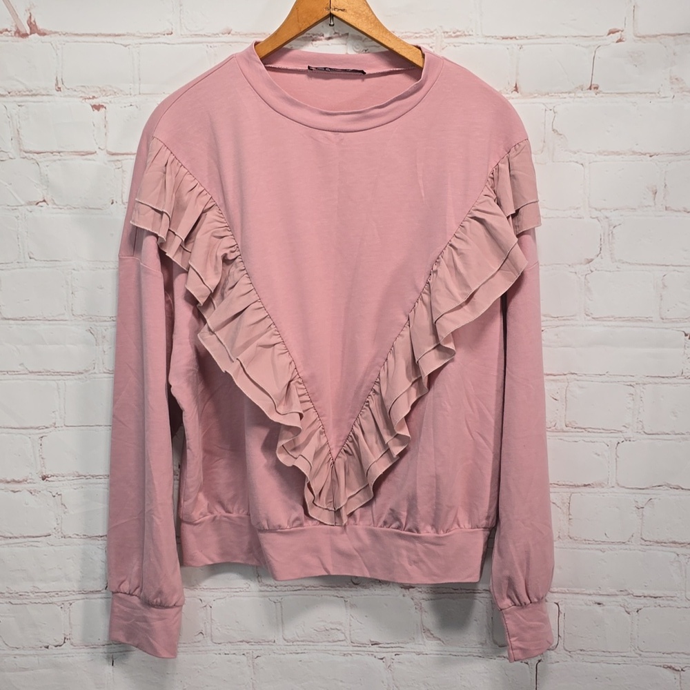 Simplee Dropshoulder Ruffled Sleeve Sweatshirt Casual Oversized Pink Pullover S